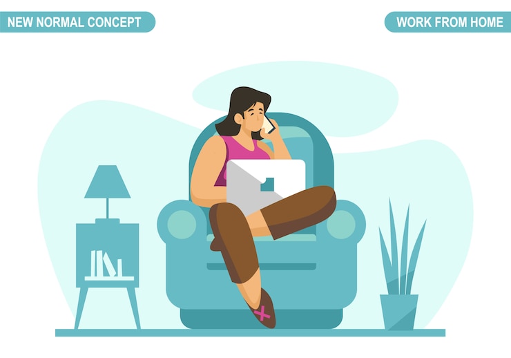 Vector new normal concept. young woman working or study at home. self-quarantine to prevent from coronavirus covid -19. freelancer lifestyle. home schooling. scalable and editable illustration.