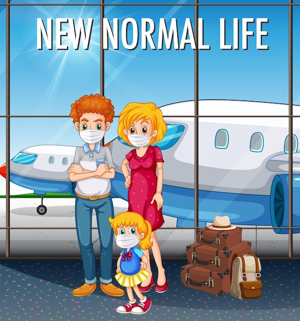 New normal life with happy family ready to travel at the airport