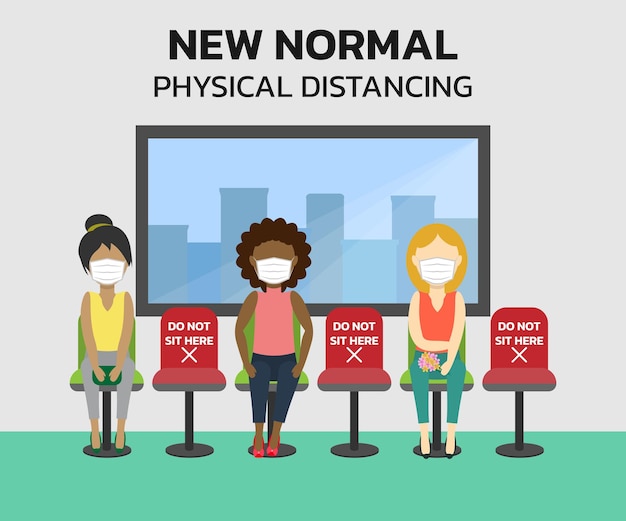 Vector new normal lifestyle concept and physical distancing people keep distance