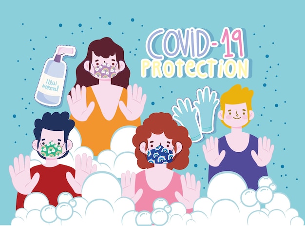 Nuovo stile di vita normale, persone con maschere guanti disinfettanti spray cartoon, illustrazione di protezione