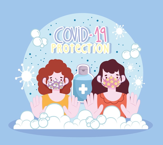 New normal lifestyle,  protection girls with mask and alconol disinfectant cartoon style  illustration