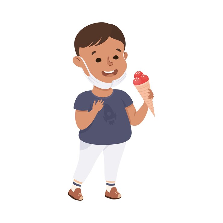 Vector new normal lifestyle with happy boy wearing face mask eating ice cream vector illustration