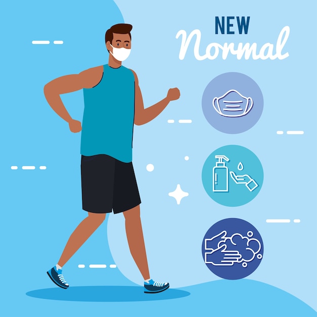 New normal of man with mask running and icon set design of covid 19 virus and prevention theme