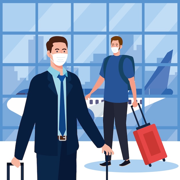 New normal of men with mask and bags at airport design of covid 19 virus and travel theme