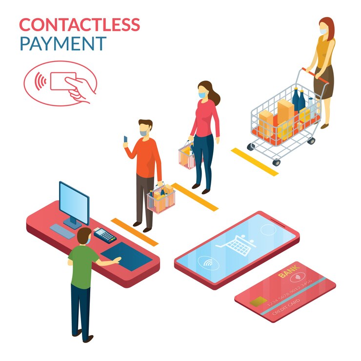 Vector new normal, people in social distancing and contactless payment, shopping in mart and store