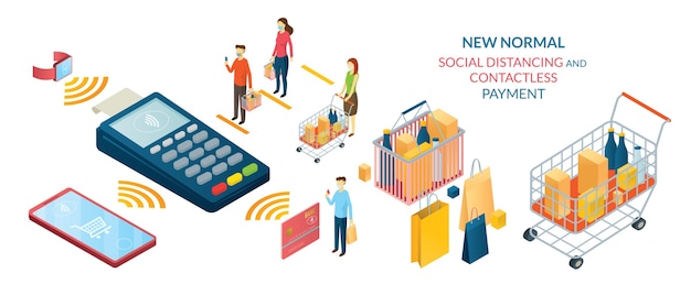 Vector new normal, people in social distancing and contactless payment, shopping in mart and store