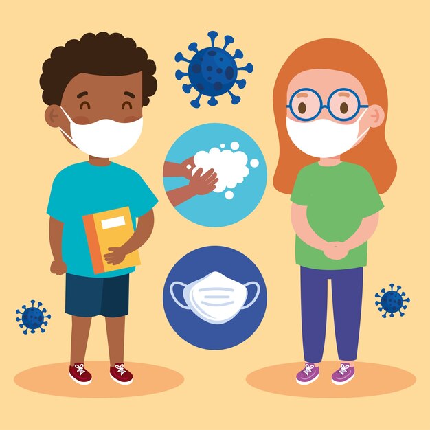 New normal school illustration of girl and boy kid with face masks