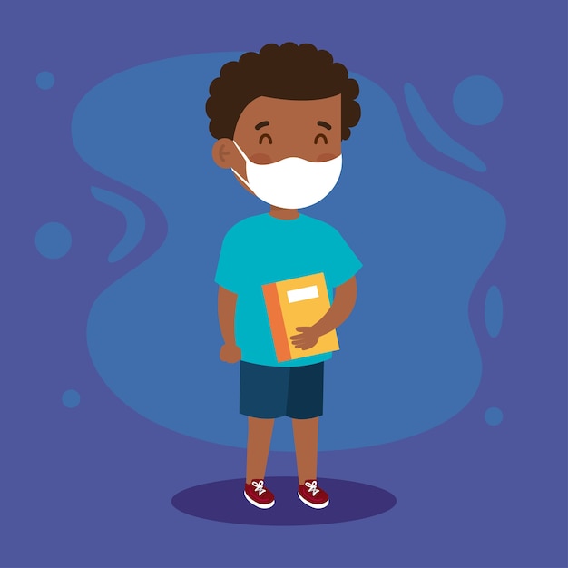 New normal school illustration of girl kid with mask and book