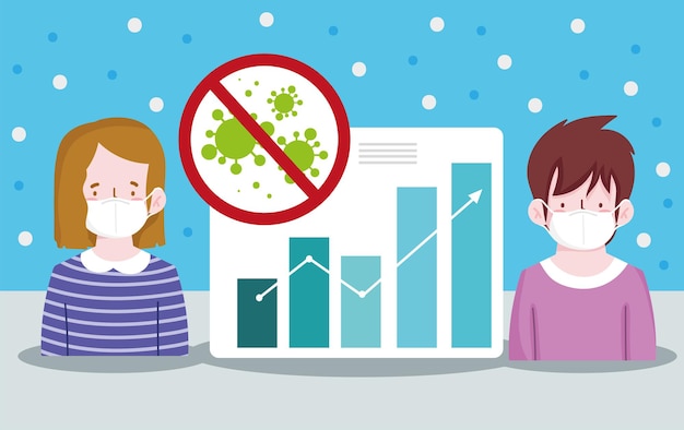 New normal woman and man with masks and bars chart design of covid-19 virus theme