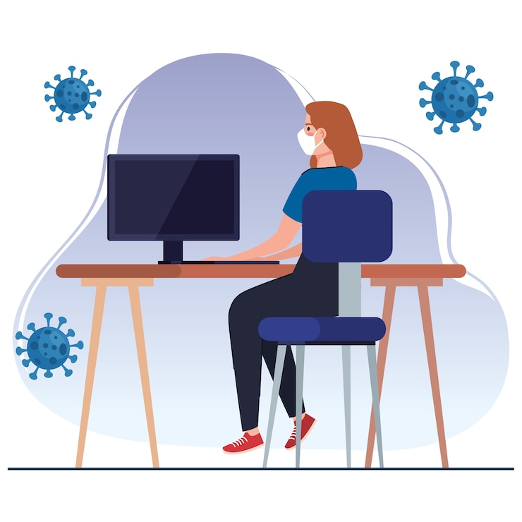 Vector new normal of woman with mask at desk design of covid 19 virus and prevention theme