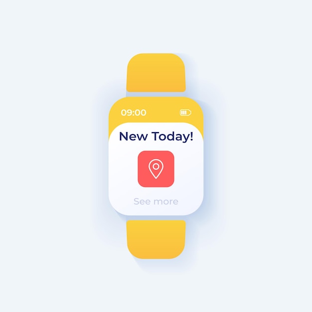 Новый шаблон вектора интерфейса умных часов предложения. дизайн ночного режима уведомлений мобильного приложения. экран напоминания. плоский интерфейс для приложения. указатель gps. ежедневное предложение. дисплей умных часов