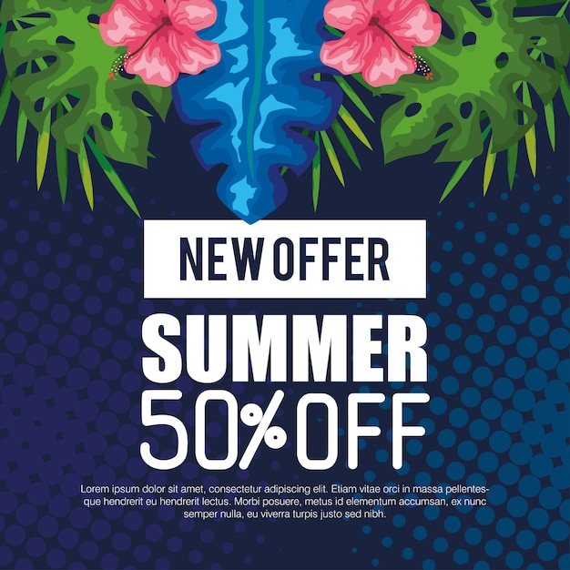 Vector new offer of summer fifty percent off, banner with flowers and tropical leaves, exotic floral banner
