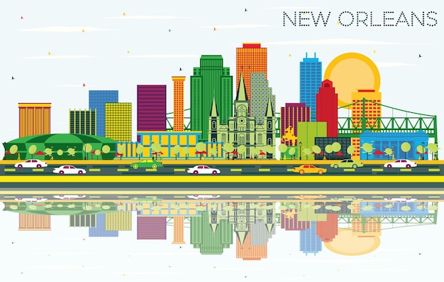 Orizzonte della città di new orleans, in louisiana, con edifici a colori, cielo blu e riflessi