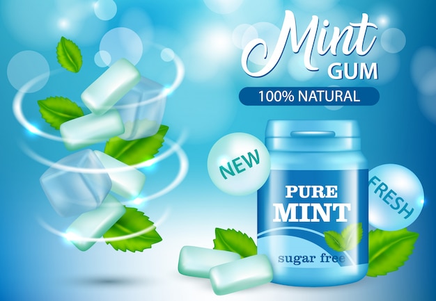 New pure mint and sugar free chewing gum ad,  realistic illustration