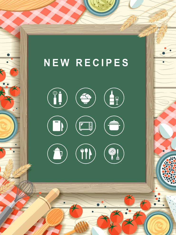 Vector new recipes written on chalkboard in flat design style