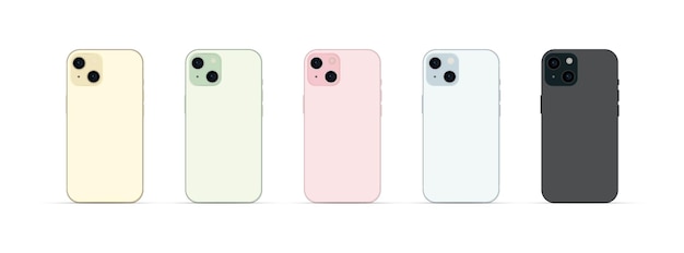 Новый смартфон 15. Современный набор гаджетов для смартфонов из 5 предметов в новых оригинальных цветах. Векторная иллюстрация