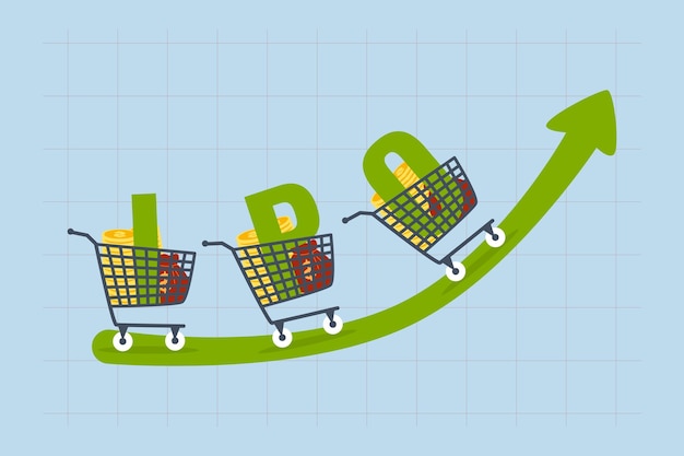 Вектор Новая корзина с денежными монетами и алфавитом ipo на растущем графике цен на зеленую торговлю