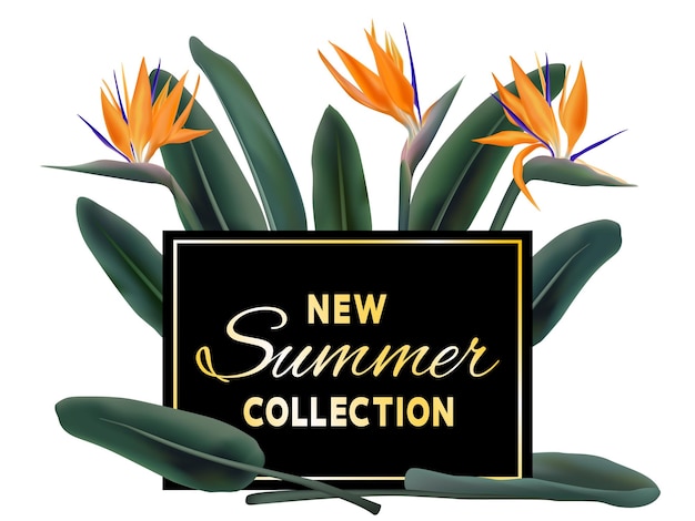 새로운 여름 컬렉션 판매 벡터 포스터입니다. 검은 명성과 strelitzia reginae에 대한 황금 텍스트