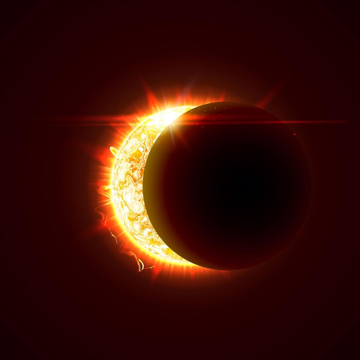 Vector new sun eclipse vector illustration 3d bright sunny summer day half of the sun realistic picture