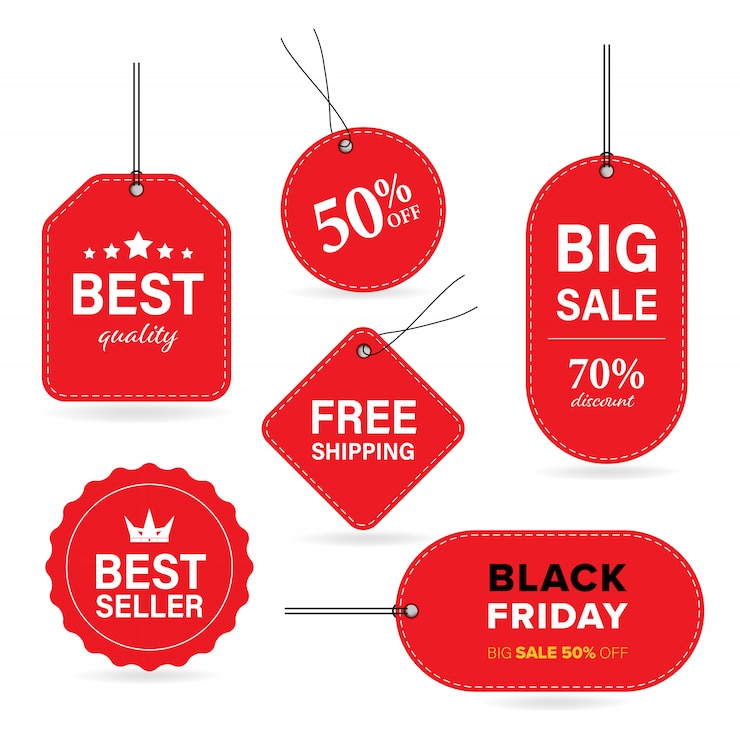 Vector new tag red label and sale banner vector with special price and black friday and frees shippping.