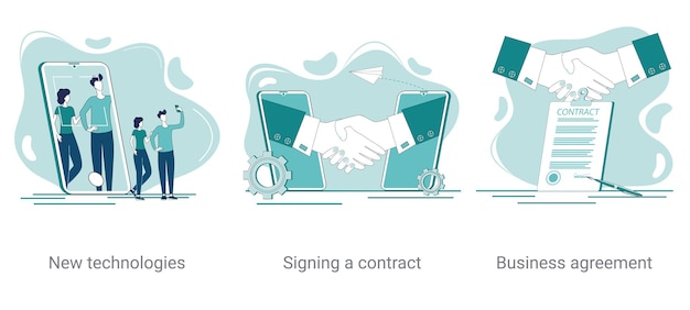 New technologies Contract signing and business agreement A set of vector illustrations