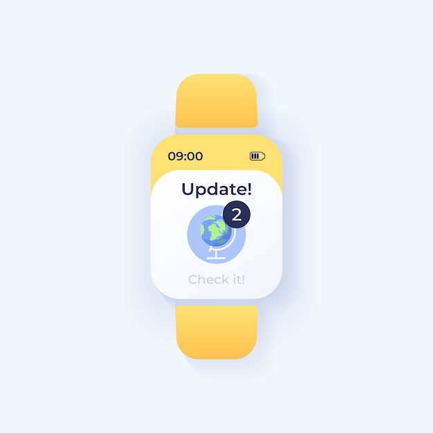 New updates notice smartwatch interface vector template. Mobile app notification day mode design. Unread messages reminder screen. Flat UI for application. Globe on smart watch display