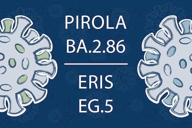Vettore nuove varianti di omicron pirola ba286 e eris eg5 testo bianco su sfondo blu scuro