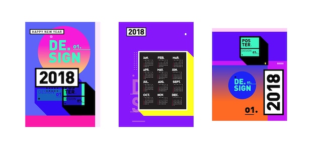 New Year 2018 Calendar Cover Template. Set of Calendar and Poster with Colorful Memphis Style background.