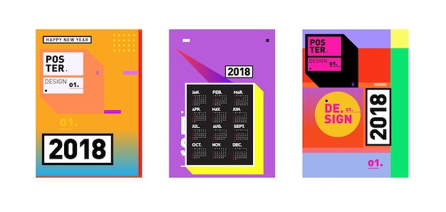 Шаблон календаря нового года 2018. Набор календаря и плаката с цветным фоном стиля Мемфиса.