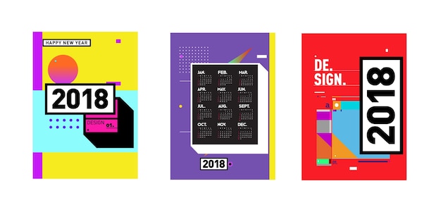 Vector new year 2018 calendar cover template. set of calendar and poster with colorful memphis style background.