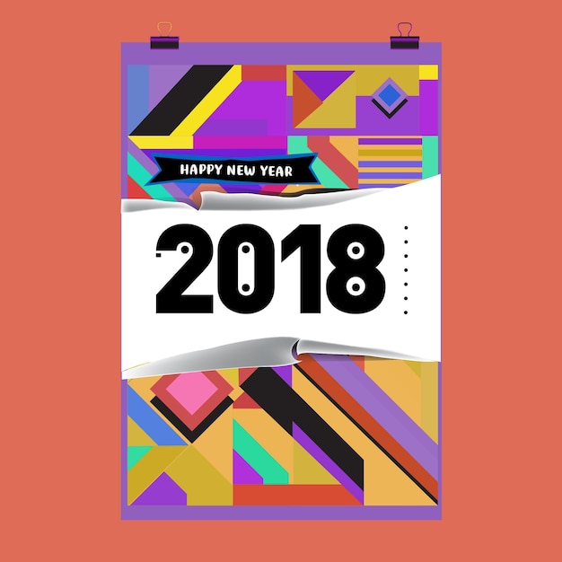 New Year 2018 Calendar Cover Template. Set of Calendar and Poster with Colorful Memphis Style background.