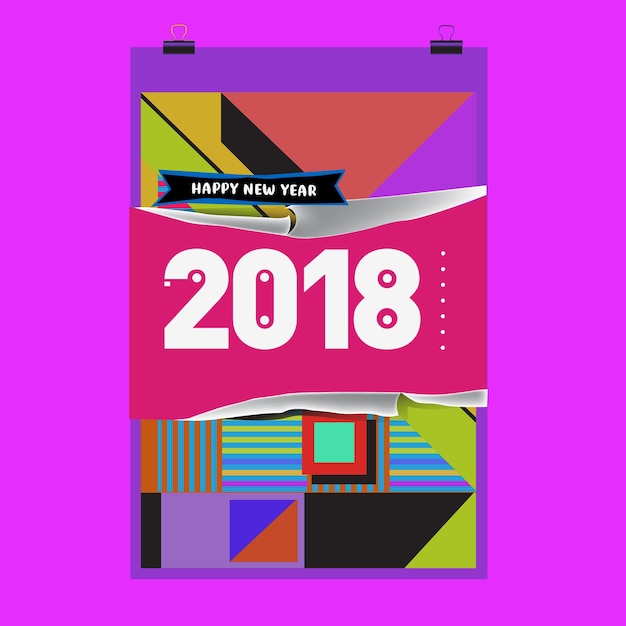 New Year 2018 Calendar Cover Template. Set of Calendar and Poster with Colorful Memphis Style background.