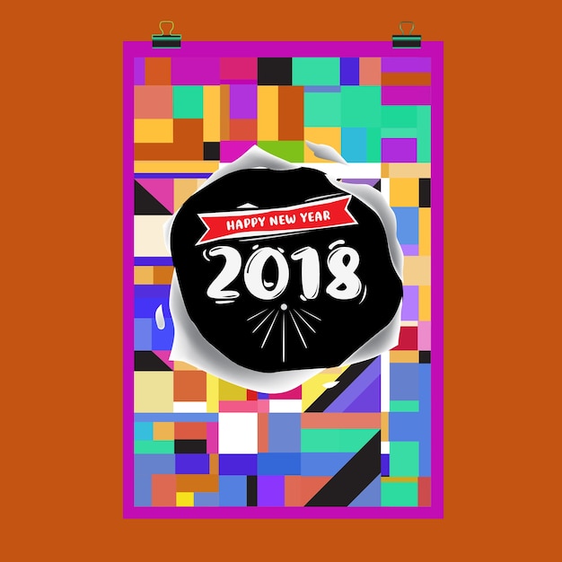 新年2018年カレンダーカバーテンプレート。カラフルなメンフィススタイルの背景とカレンダーとポスターのセット。