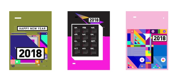 벡터 새 해 2018 달력 표지 템플릿입니다. 다채로운 멤피스 스타일 배경 달력 및 포스터의 집합입니다.