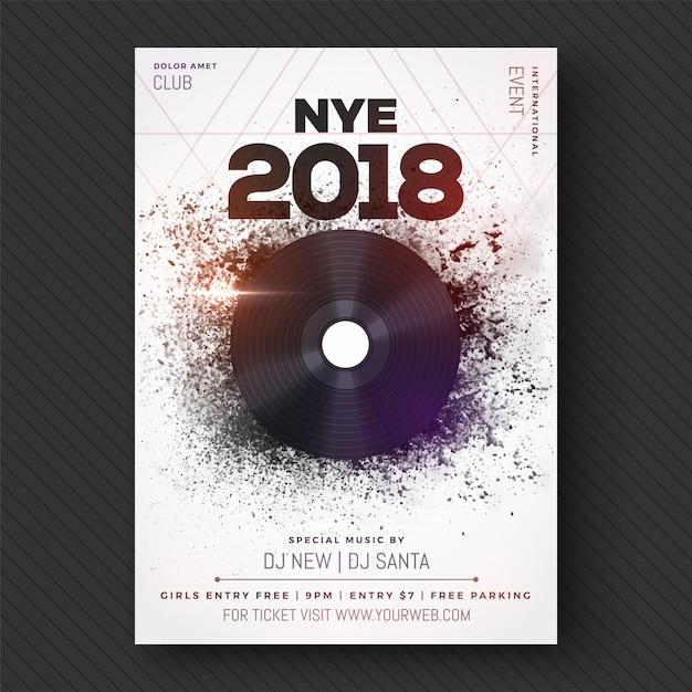 Vector new year 2018 musical party, banner, poster or flyer design.
