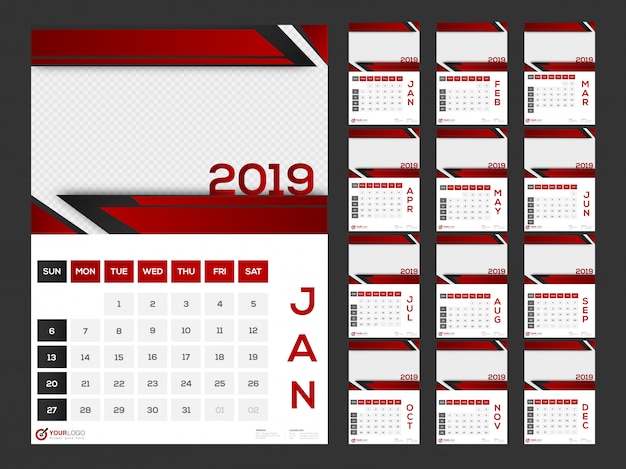 Vettore calendario del nuovo anno 2019.