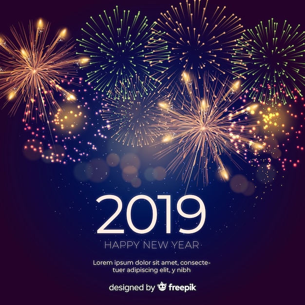 Vector new year 2019 composition with fireworks