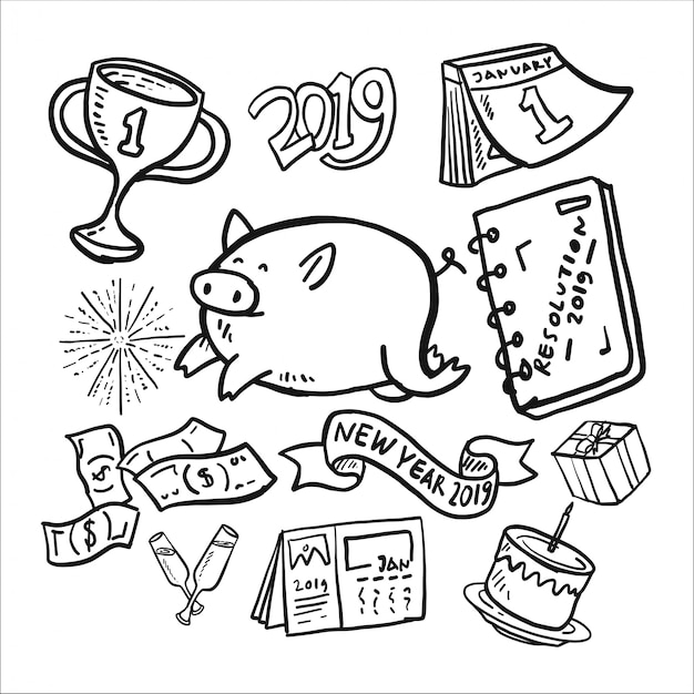 New Year 2019 Doodle Icon Set