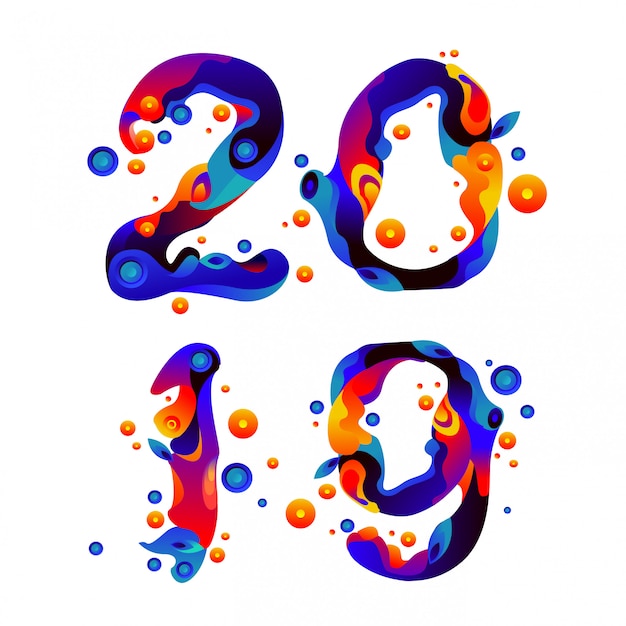 New year 2019 liquid and fluid colorful sparks typography