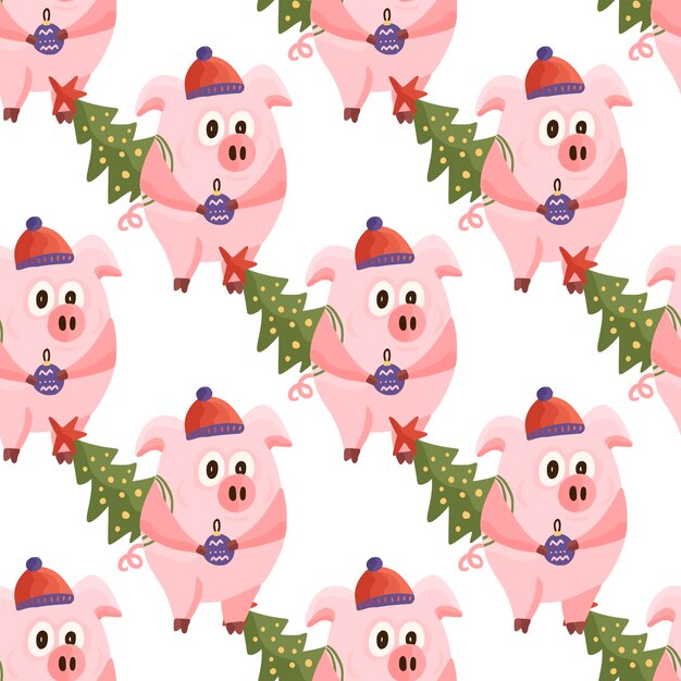 New Year 2019 seamless pattern with christmas cartoon flat pink pigs