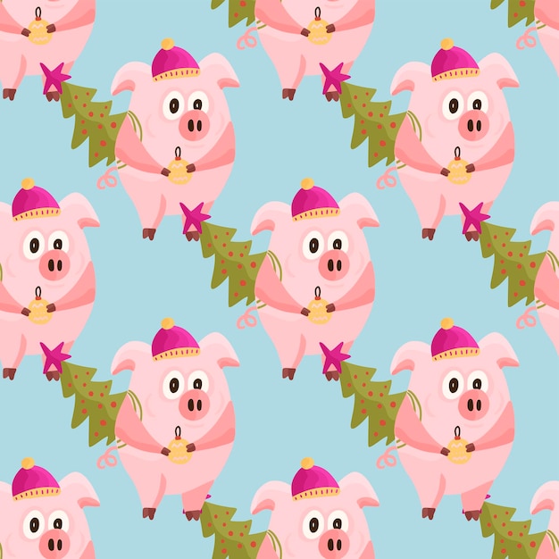 New Year 2019 seamless pattern with christmas cartoon flat pink pigs