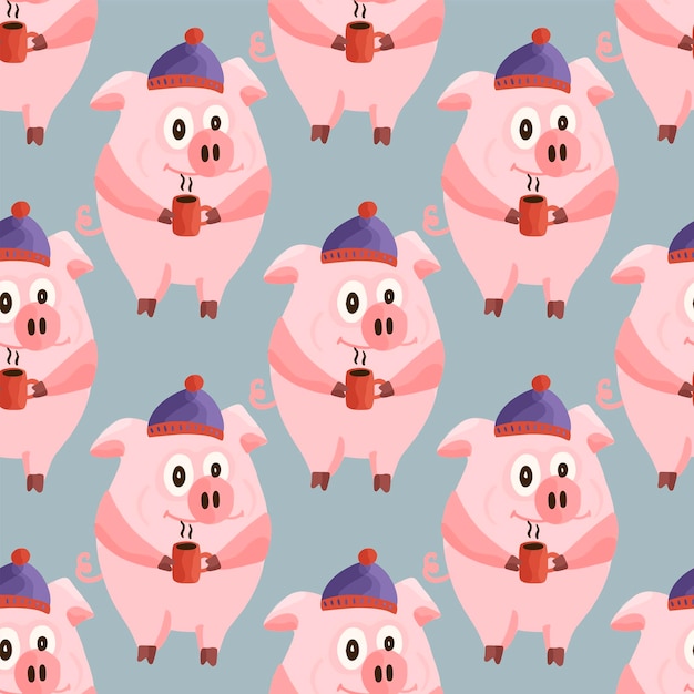 New Year 2019 seamless pattern with christmas cartoon flat pink pigs
