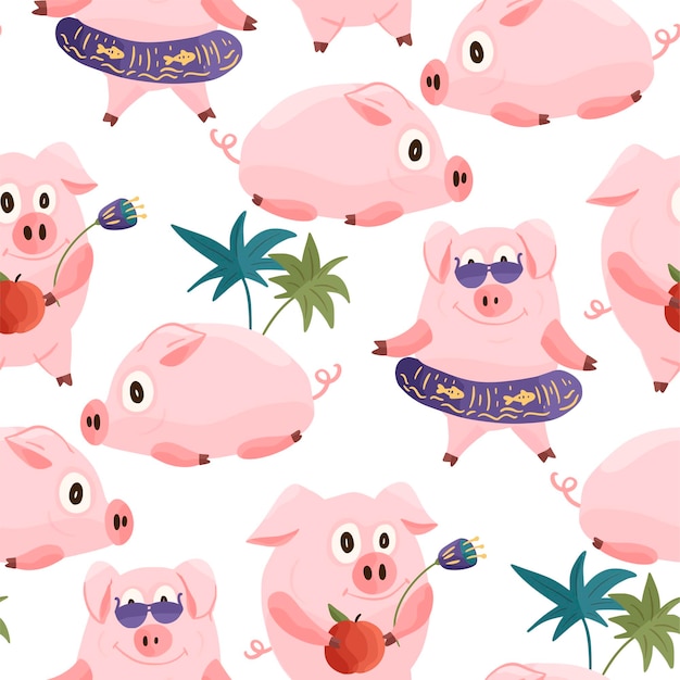 New year 2019 seamless pattern with christmas cartoon flat pink pigs