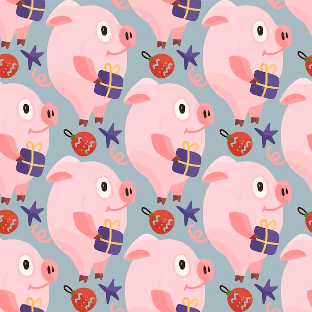 New year 2019 seamless pattern with christmas cartoon flat pink pigs