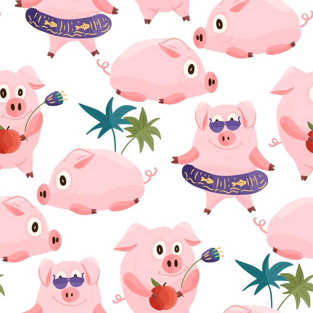 クリスマス漫画フラットピンクの豚と新年2019シームレスパターン