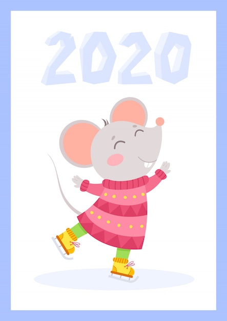 New Year 2020 cute mouse flat vector greeting card template