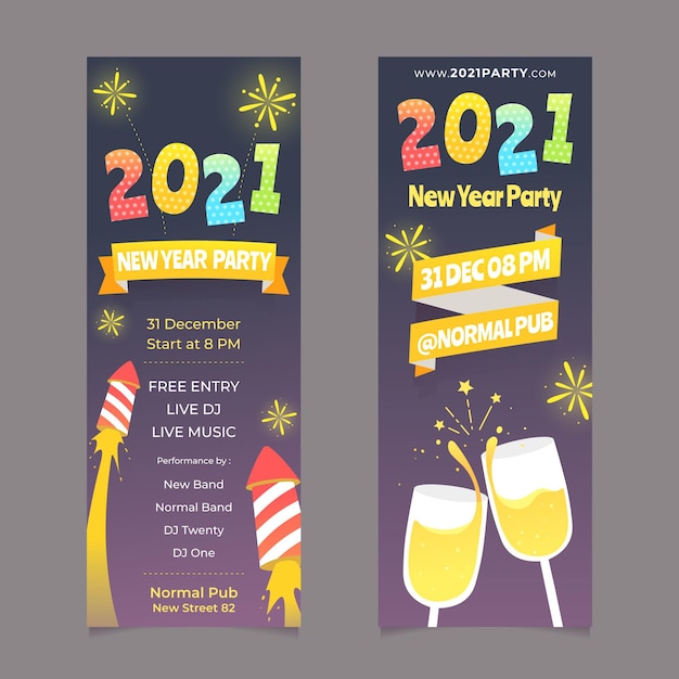 New year 2021 banners fireworks and champagne
