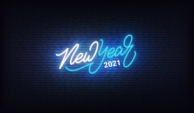 새해 2021 네온 사인. 새해 휴일 글자 디자인.