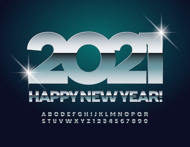 New Year 2021. Shiny chrome Font. Silver Alphabet Letters and Numbers set