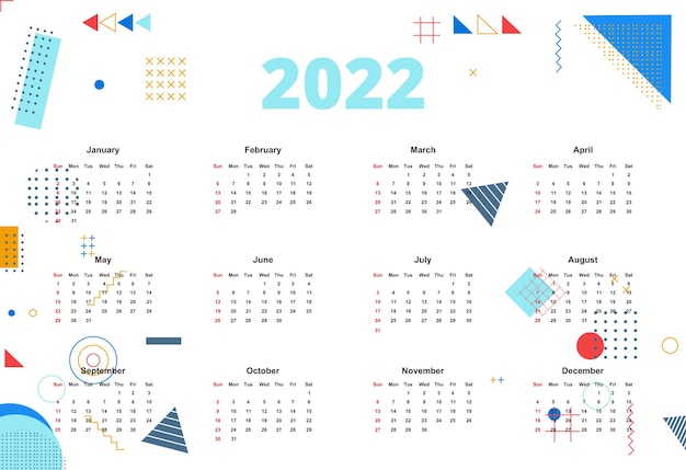 フラットなデザインの新年2022年カレンダー無料ベクトル
